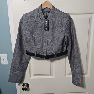 SealGirl Black/White Herringbone‎ Cropped Belted Jacket Women's Small NWT